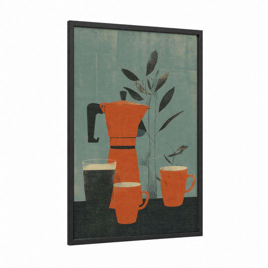 Minimalist Coffee Ritual framed art print — black wood frame — sage green and orange palette