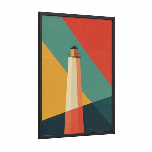 Geometric Lighthouse framed art print — black wood frame — red and teal palette