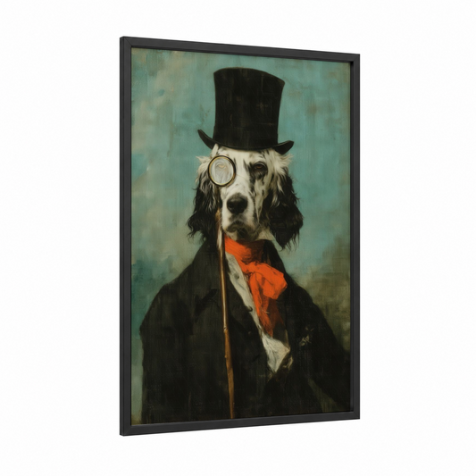 Monocle Setter framed art print — black wood frame — teal and black palette