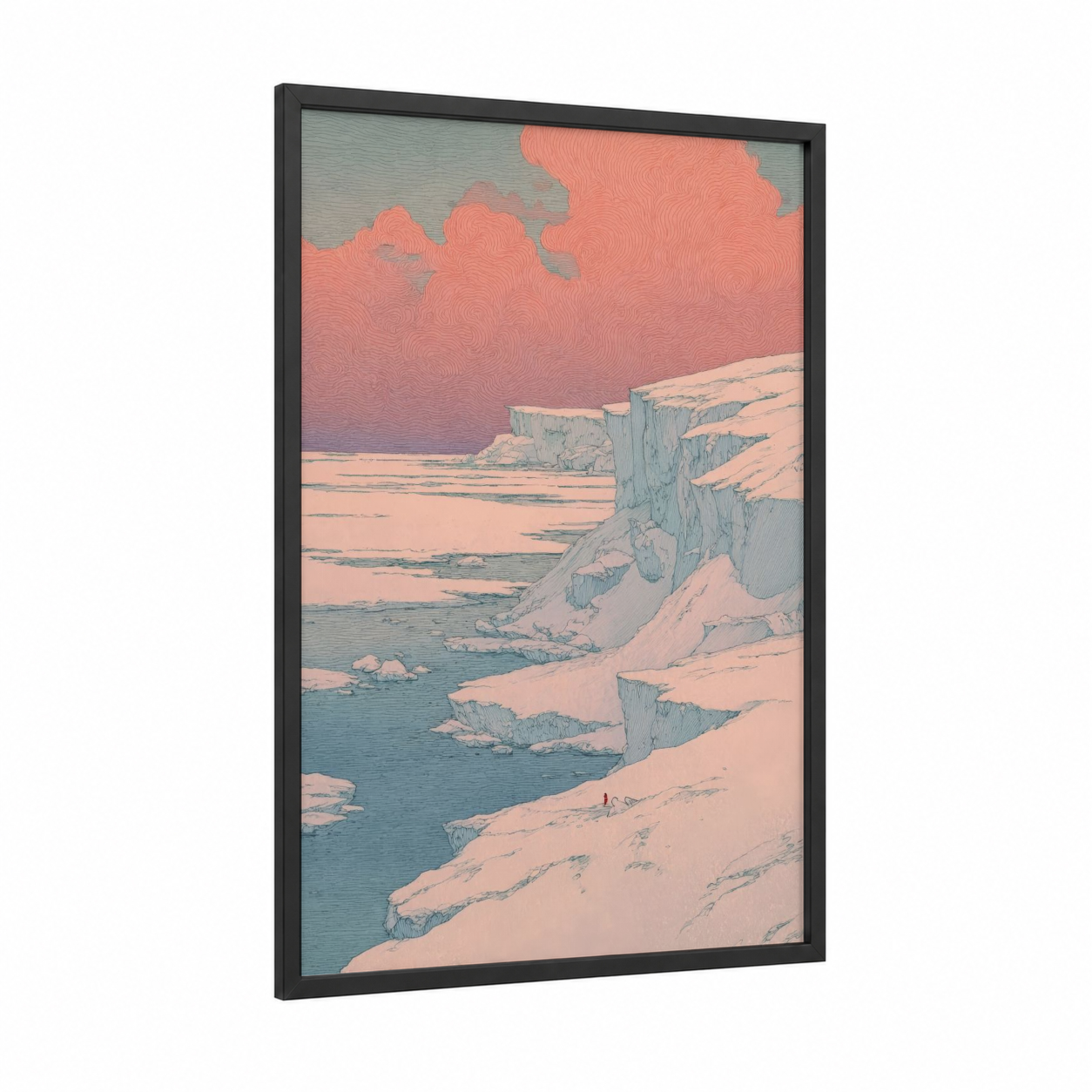 Crimson Glacier framed art print — black wood frame — salmon pink and teal palette