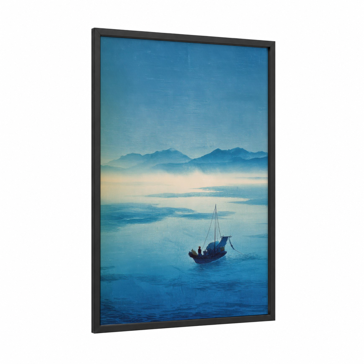 Misty Seascape Sailboat framed seascapes and ocean print — black wood frame — blue and cream palette