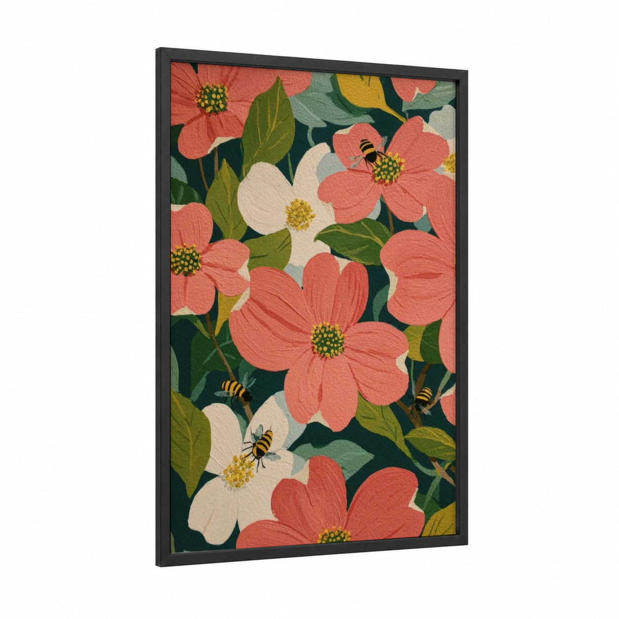Coral Dogwood Blooms framed art print — black wood frame — salmon pink and true green palette