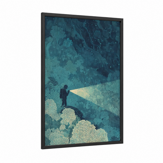 Deep Sea Explorer framed diving print — black wood frame — teal and dark blue palette