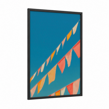 Festive Bunting Sky framed carnival print — black wood frame — teal and orange palette