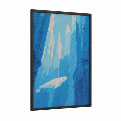 Ethereal Beluga framed beluga whale print — black wood frame — blue and white palette