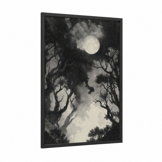 Moonlit Forest framed halloween print — black wood frame — black and white and gray palette