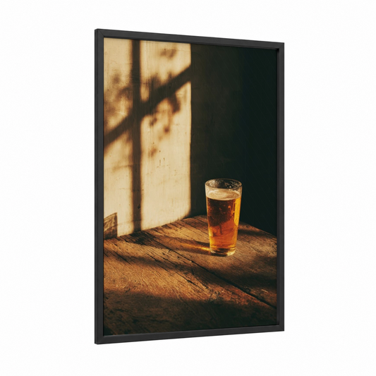 Golden Hour Beer framed art print — black wood frame — gold and brown palette
