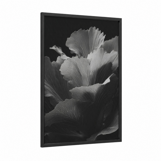 Textured Leaf Study framed art print — black wood frame — black and white and gray palette