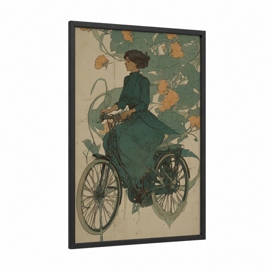 Garden Cyclist framed urban bicycle print — black wood frame — dark green and gold palette