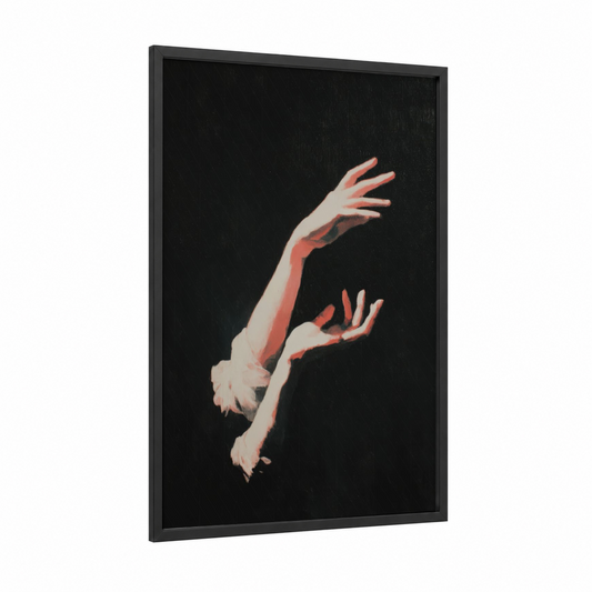 Graceful Extension framed ballet print — black wood frame — black and peach palette