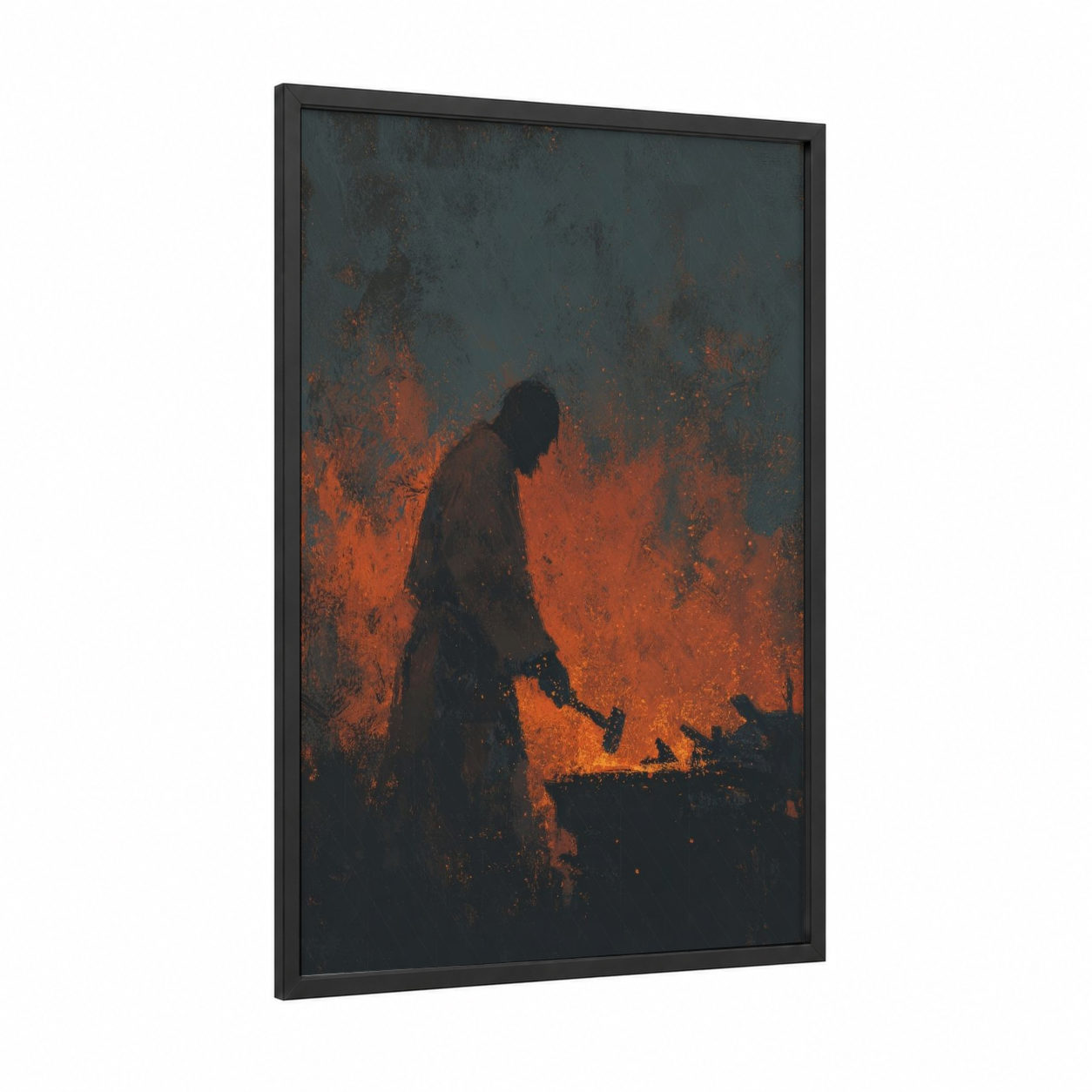Inferno Orc framed art print — black wood frame — black and red and orange palette