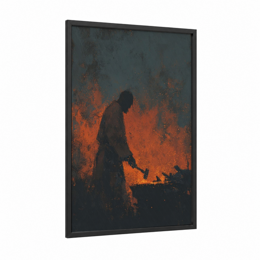 Inferno Orc framed art print — black wood frame — black and red and orange palette