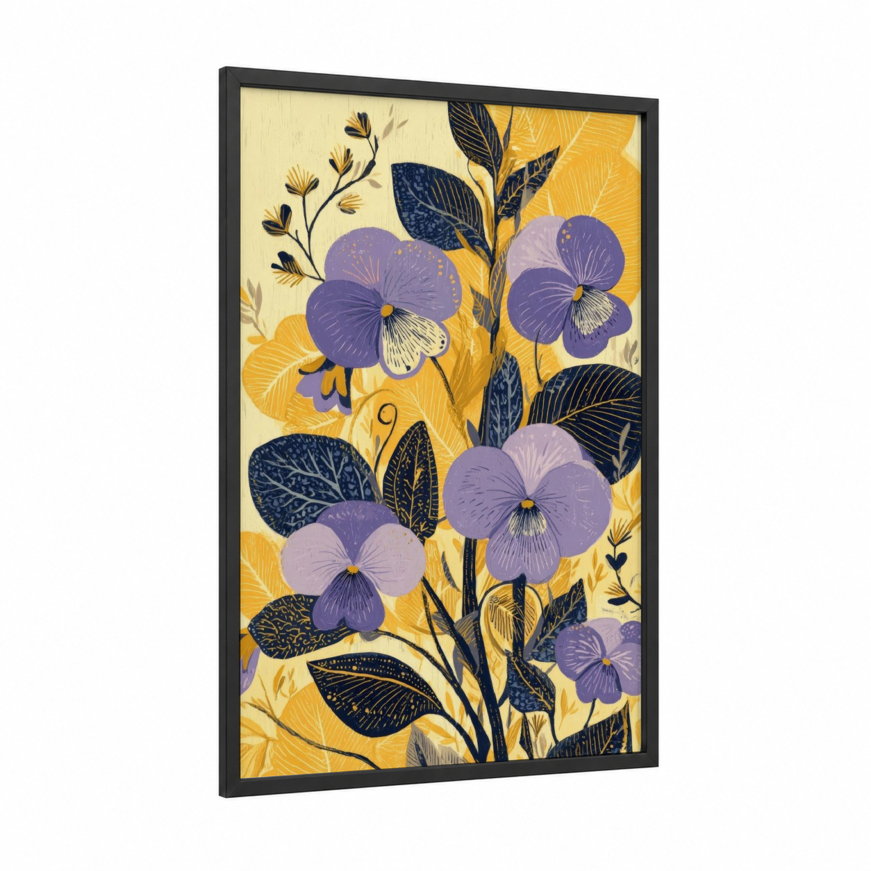 Purple Violets Garden framed art print — black wood frame — purple and yellow gold palette