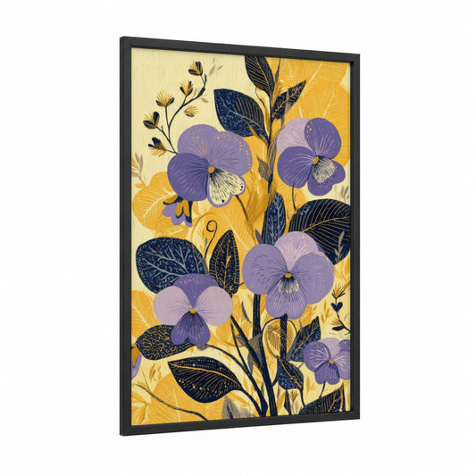 Purple Violets Garden framed art print — black wood frame — purple and yellow gold palette