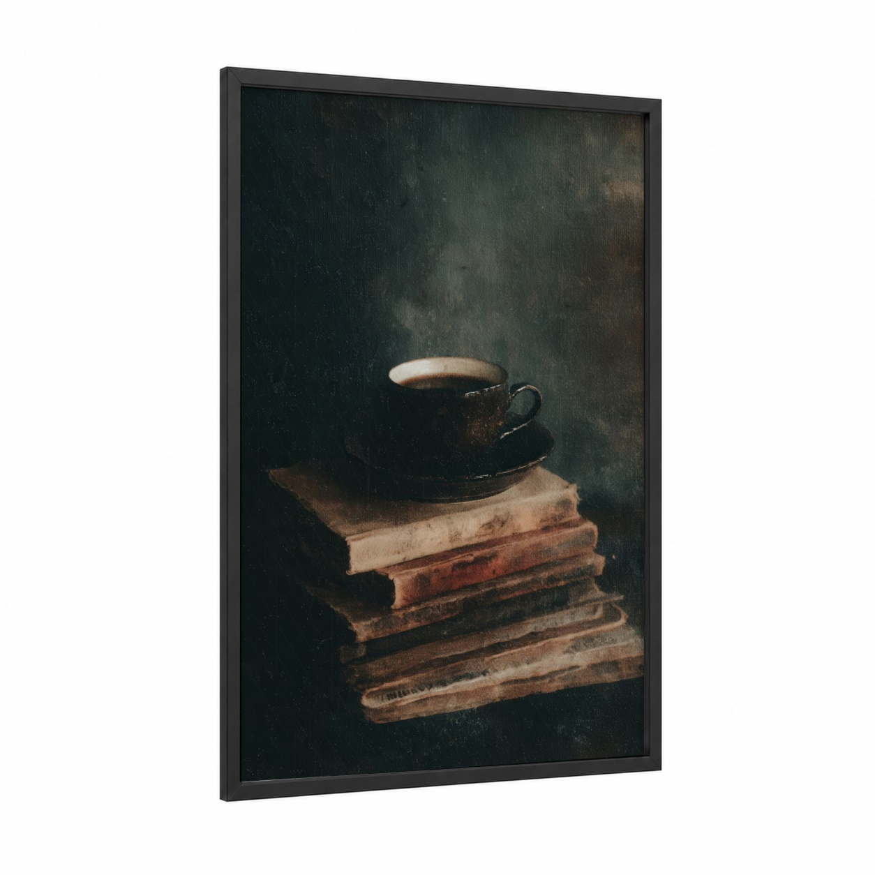 Literary Coffee framed art print — black wood frame — brown and black and white palette