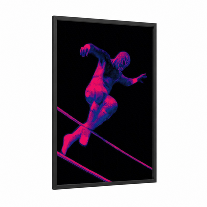 Neon Wrestler framed wrestling print — black wood frame — magenta and blue palette