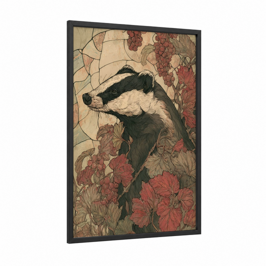 Autumn Badger framed art print — black wood frame — black and white and russet palette