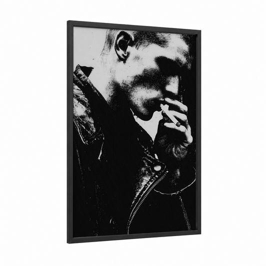 Edgy Smoke Portrait framed art print — black wood frame — black and white palette
