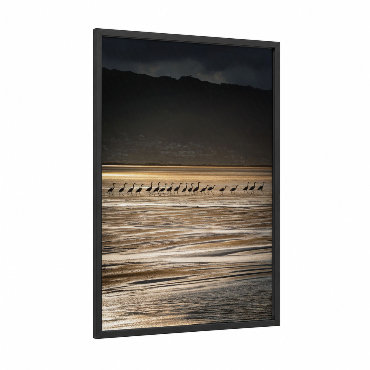 Coastal Heron Procession framed art print — black wood frame — black and white and gold palette