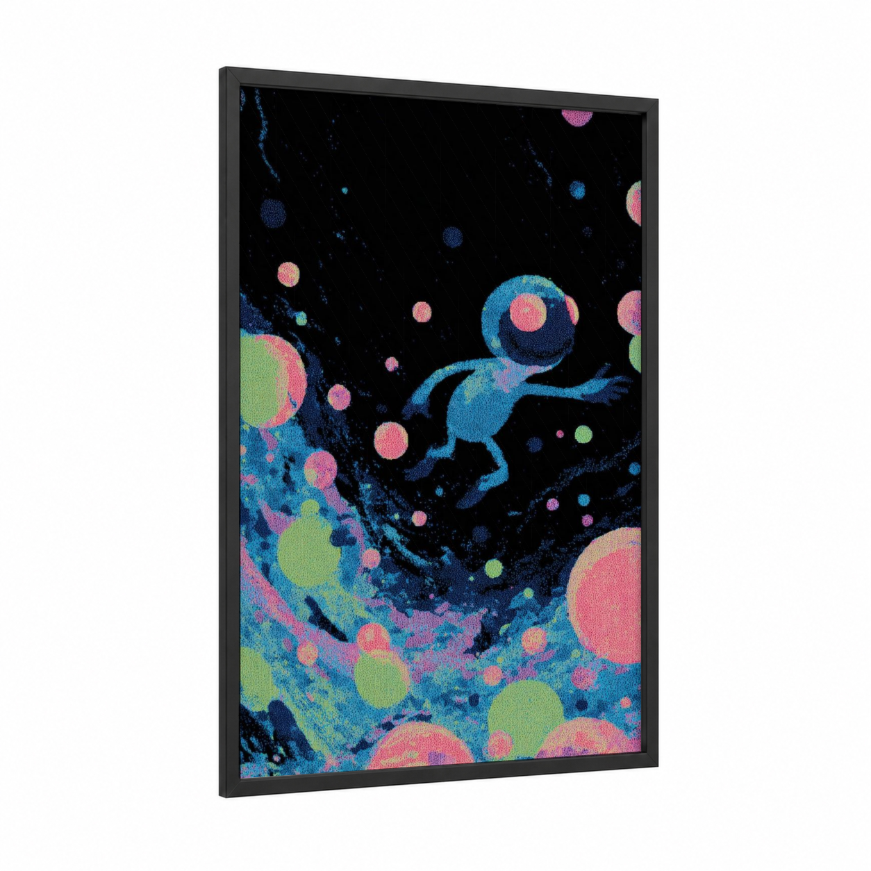 Cosmic Explorer framed extraterrestrial print — black wood frame — blue and pink palette