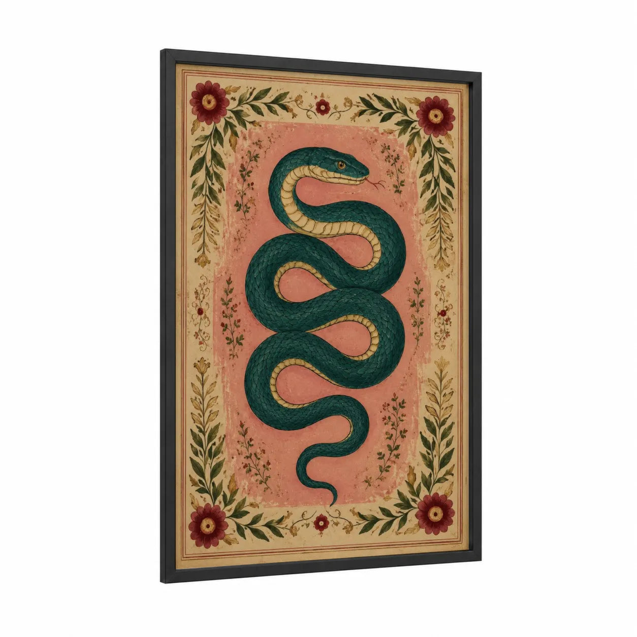 Botanical Snake Illustration Wall Art framed art print — black wood frame — peach and dark green palette