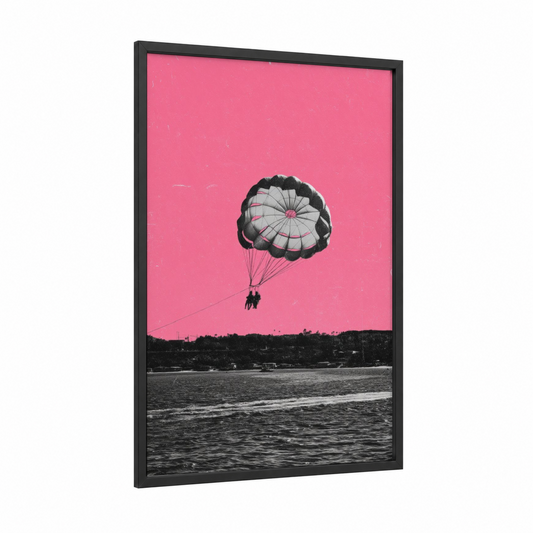 Pink Sky Parasailing framed art print — black wood frame — magenta and black and white palette