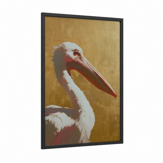 Golden Pelican framed art print — black wood frame — yellow gold and russet palette