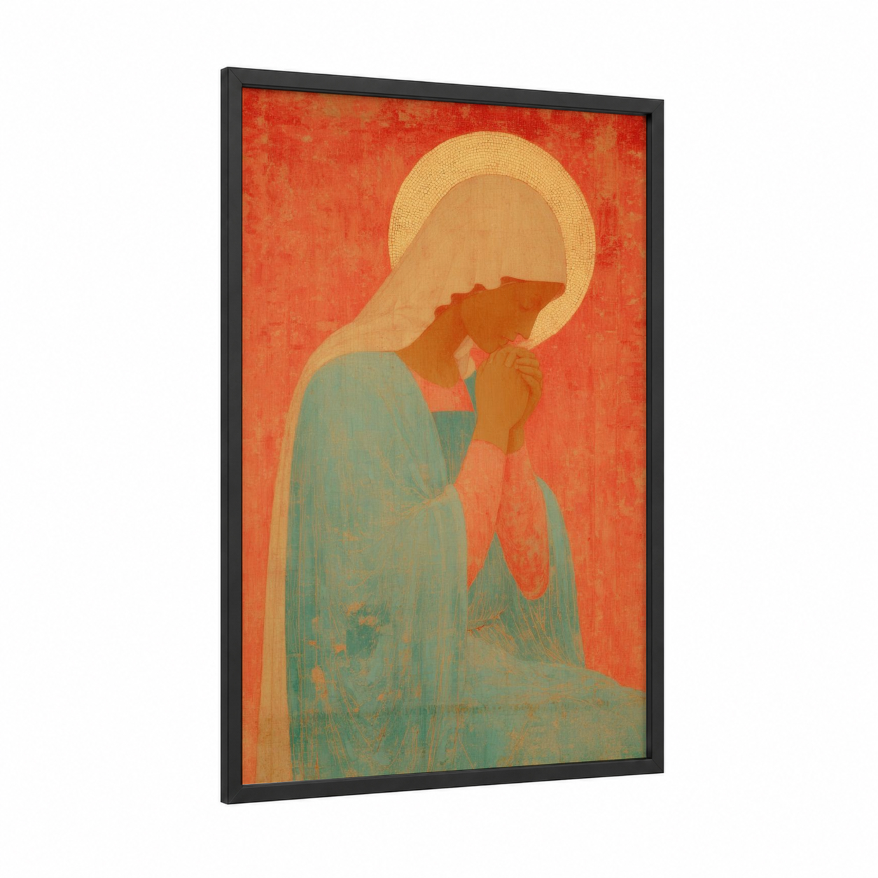 Contemplative Virgin framed virgin mary print — black wood frame — red and gold palette