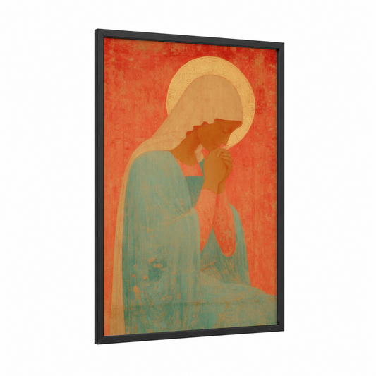 Contemplative Virgin framed virgin mary print — black wood frame — red and gold palette