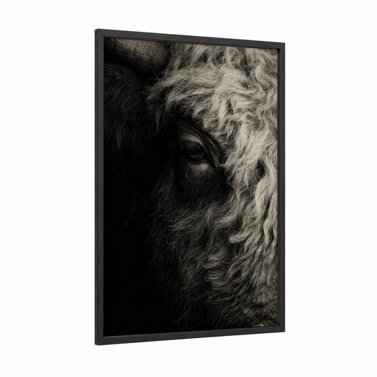 Highland Yak Portrait framed art print — black wood frame — black and white and gray palette