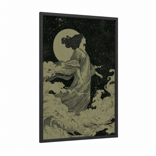 Moonlit Fairy framed art print — black wood frame — black and white and cream palette
