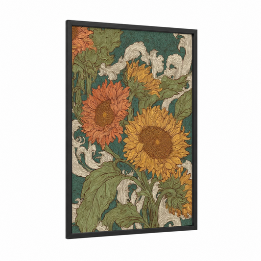 Ornamental Sunflower Field framed art print — black wood frame — gold and teal palette