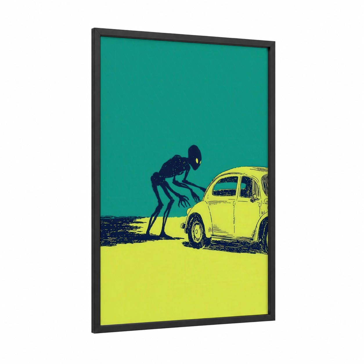 Alien Visitor framed extraterrestrial print — black wood frame — teal and yellow palette