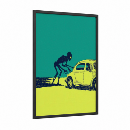 Alien Visitor framed extraterrestrial print — black wood frame — teal and yellow palette