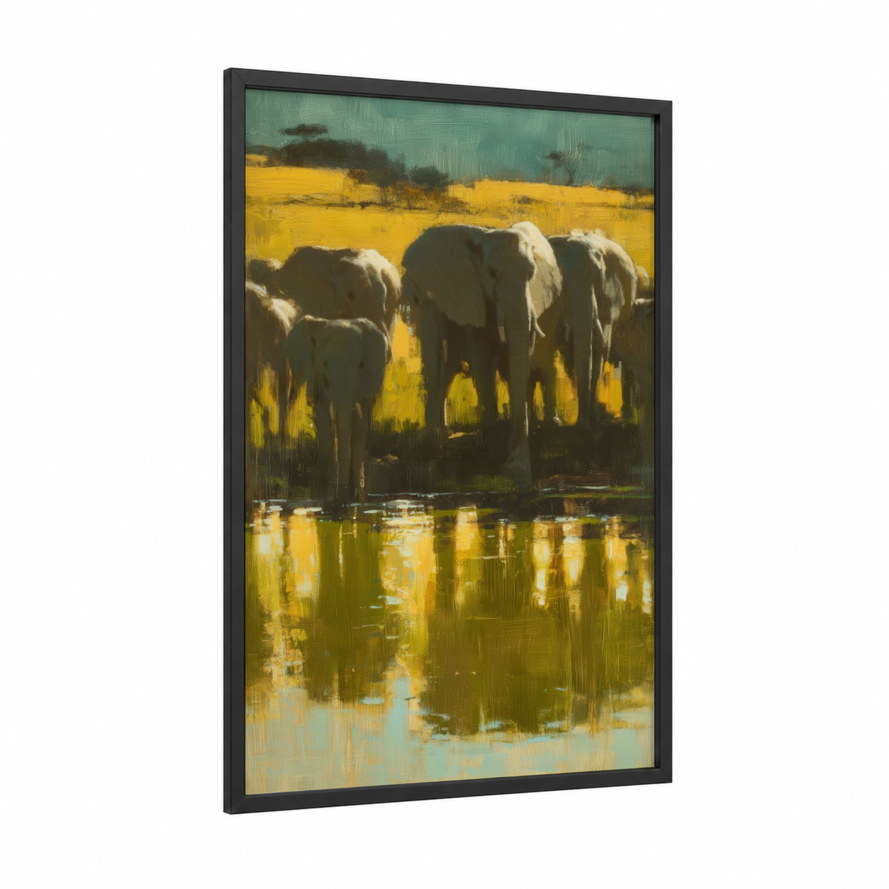 Savanna Watering Hole framed savanna elephant print — black wood frame — gold and teal palette