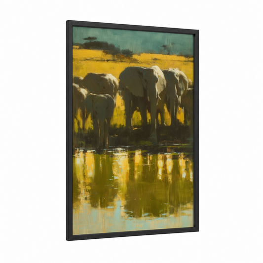 Savanna Watering Hole framed savanna elephant print — black wood frame — gold and teal palette
