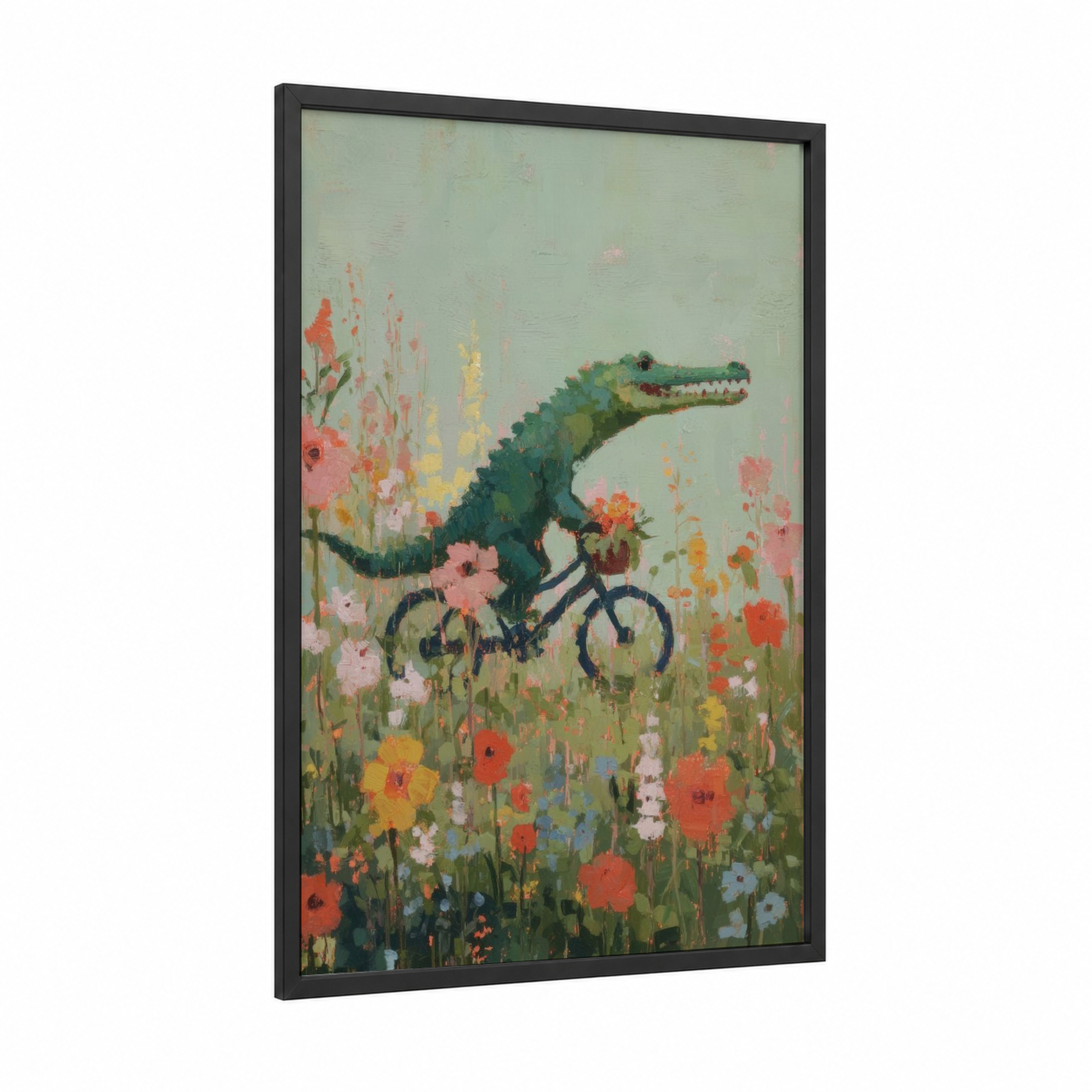 Cycling Alligator framed art print — black wood frame — light green and pink palette