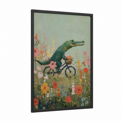 Cycling Alligator framed art print — black wood frame — light green and pink palette