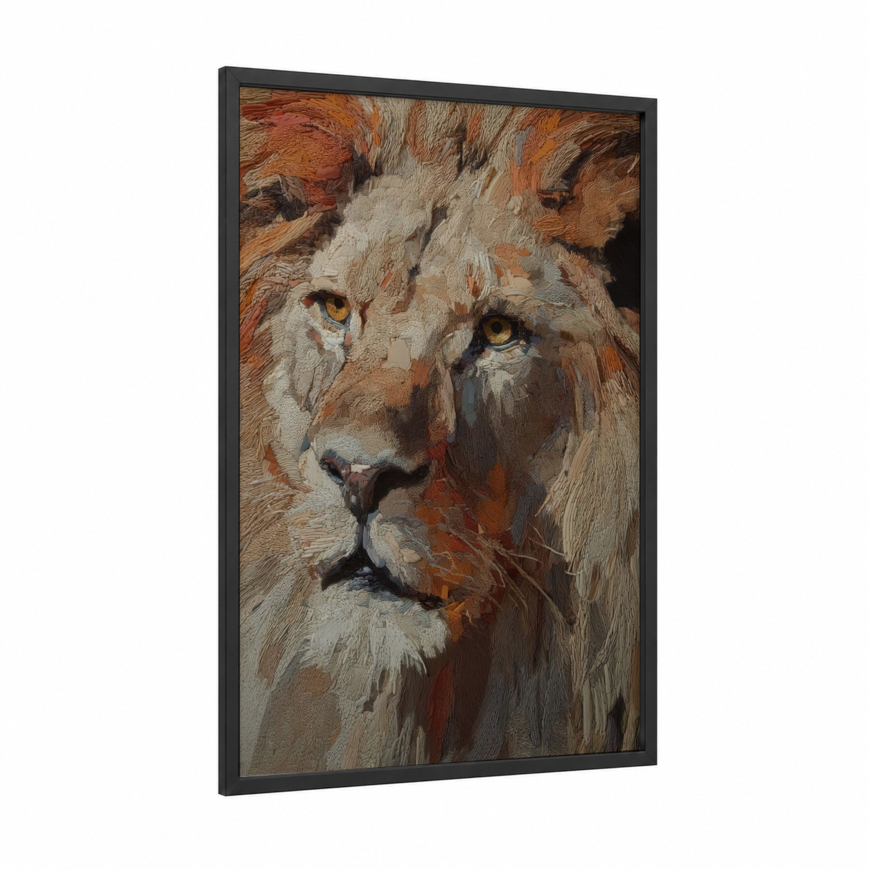 Majestic Lion framed art print — black wood frame — gold and russet palette