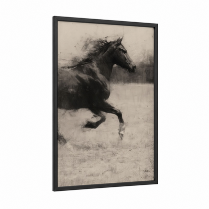 Galloping Quarter Horse framed art print — black wood frame — black and white and gray palette