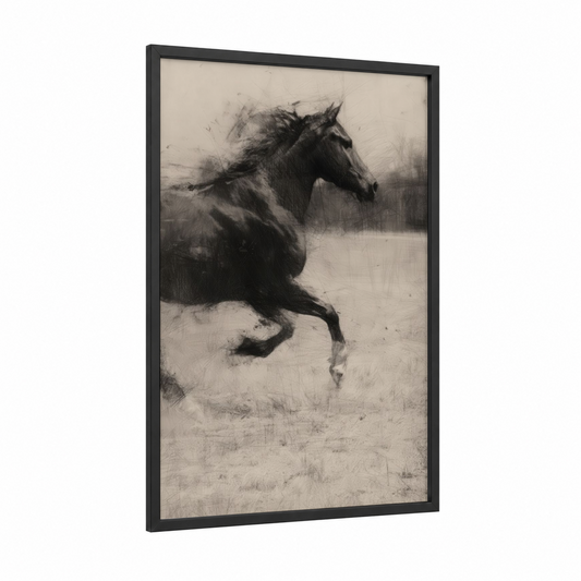 Galloping Quarter Horse framed art print — black wood frame — black and white and gray palette