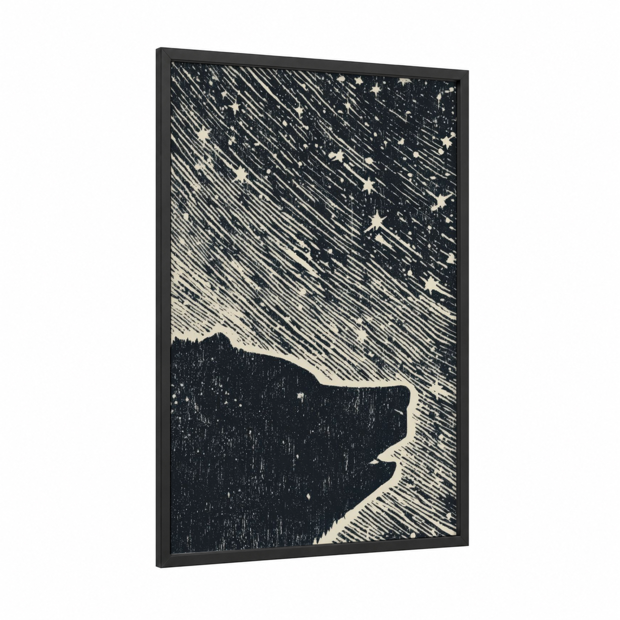 Starry Night Sky framed space print — black wood frame — black and white palette