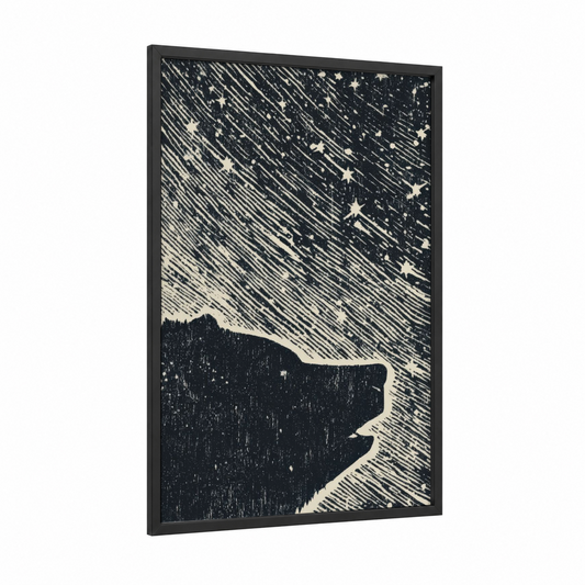 Starry Night Sky framed space print — black wood frame — black and white palette