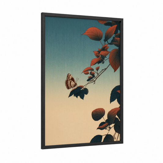 Autumn Butterfly Branch framed art print — black wood frame — russet and dark blue palette