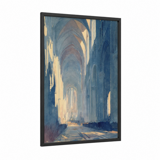 Amiens Cathedral Light framed art print — black wood frame — blue and gold and white palette