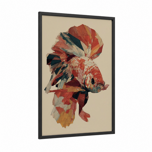Crimson Betta Fish framed art print — black wood frame — red and gold palette