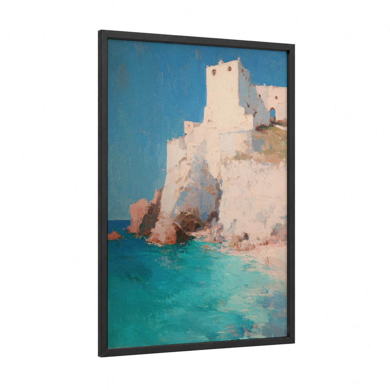 Coastal Castle Fortress framed art print — black wood frame — blue and turquoise palette