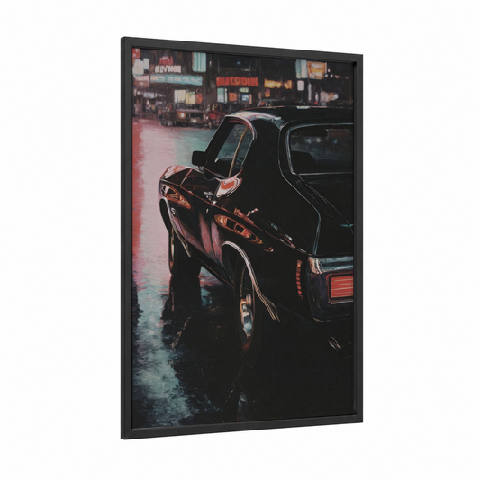 Neon Night Classic framed classic car print — black wood frame — black and gold and magenta palette