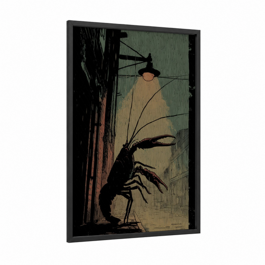 Noir Crayfish framed art print — black wood frame — black and sage green palette