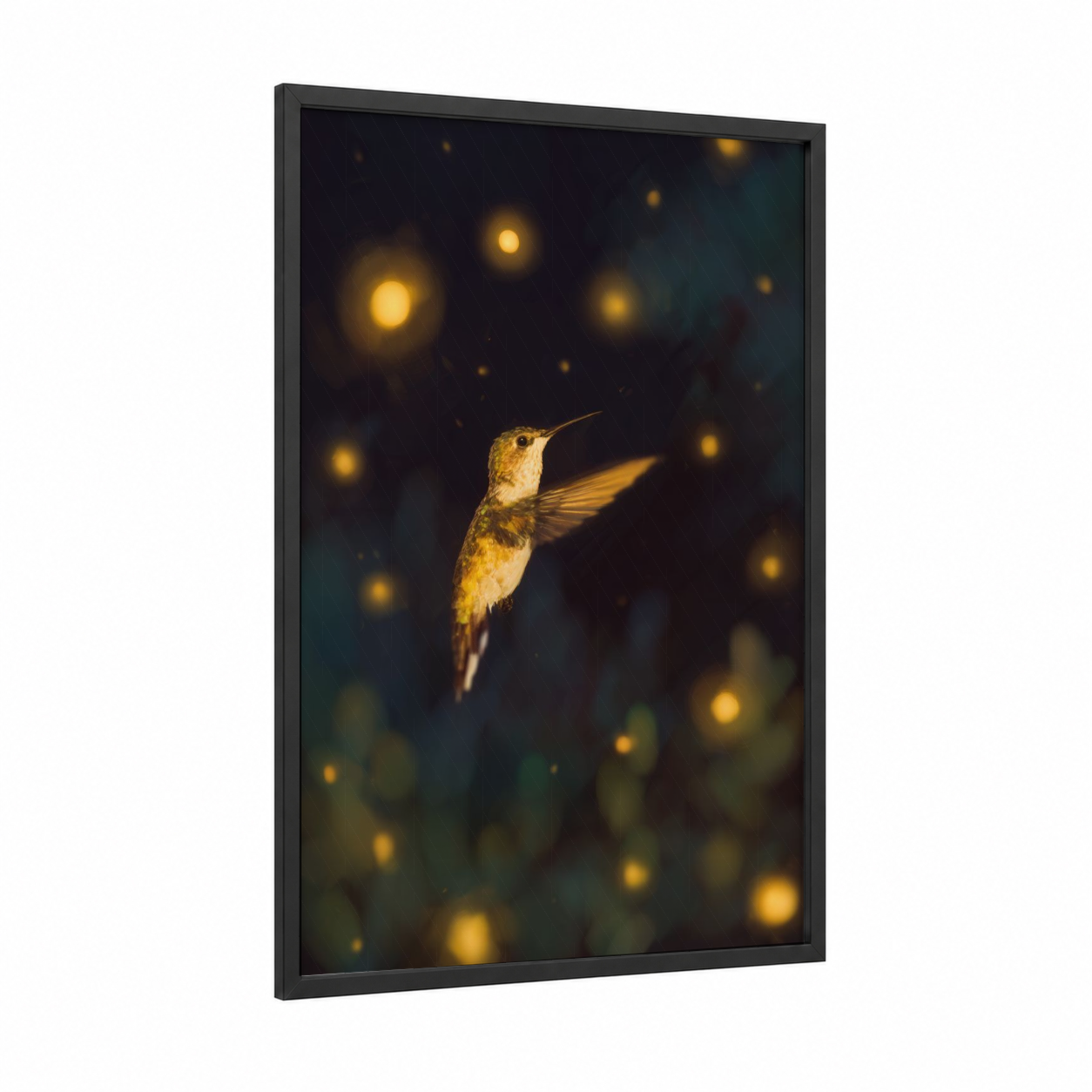 Golden Hummingbird framed art print — black wood frame — gold and black palette